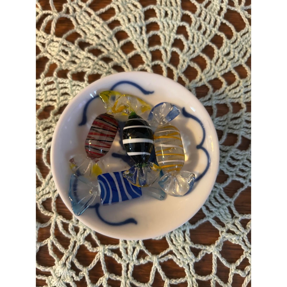 JAS Group Blue Koi Fish Ceramic Trinket Dish with Hand Blown Glass Candy Set